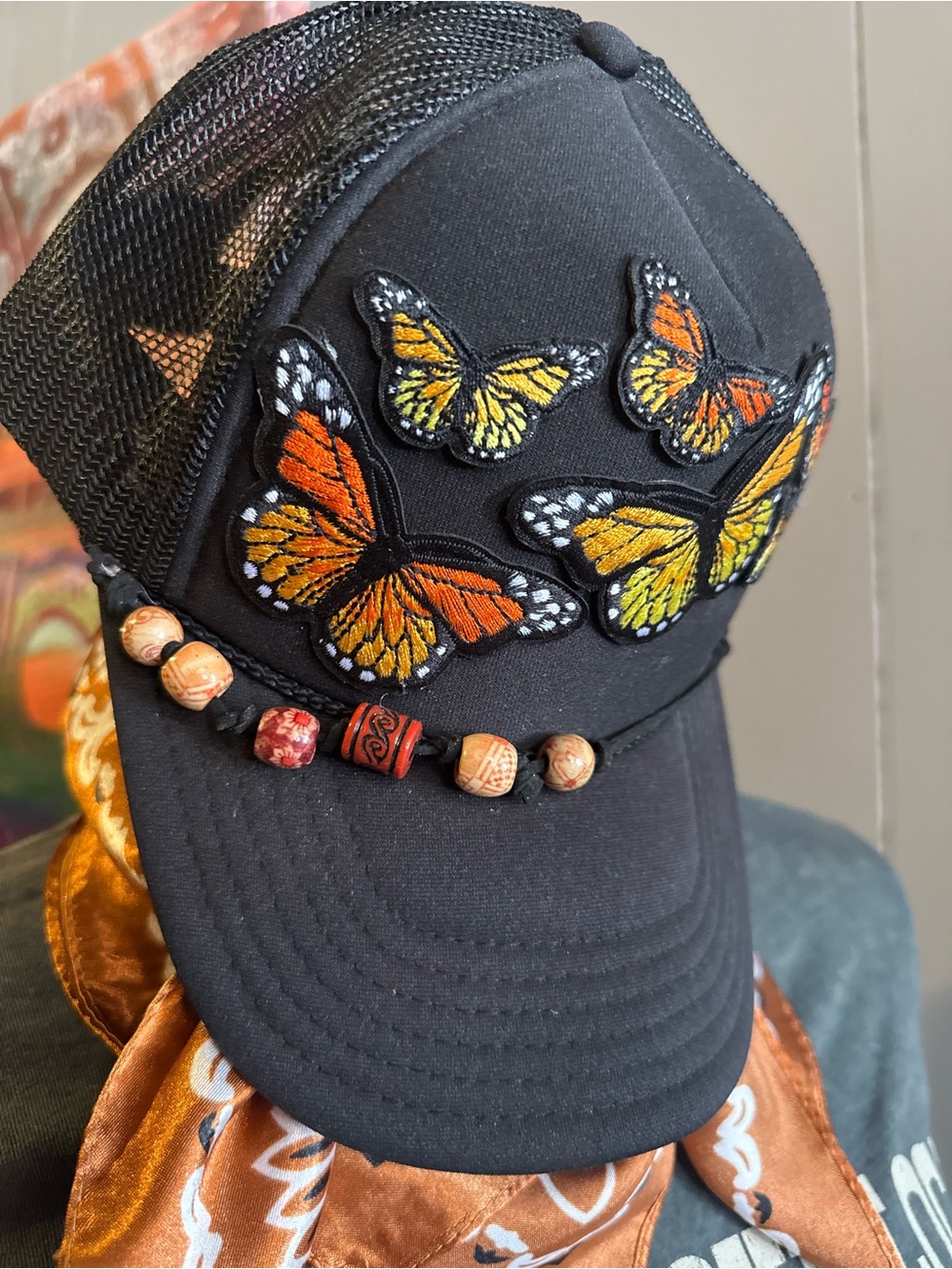 Butterfly Patch Black Trucker Hat Wooden beads Handmade